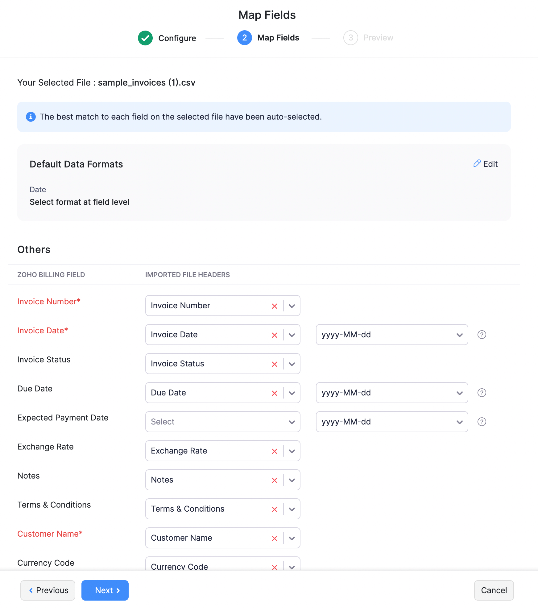 Invoices - Match Import File Fields