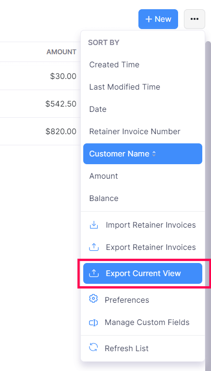 Export Current View Retainer Invoices