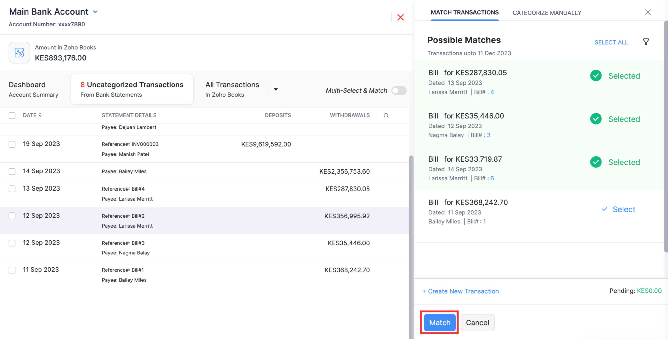 Select the required possible matches