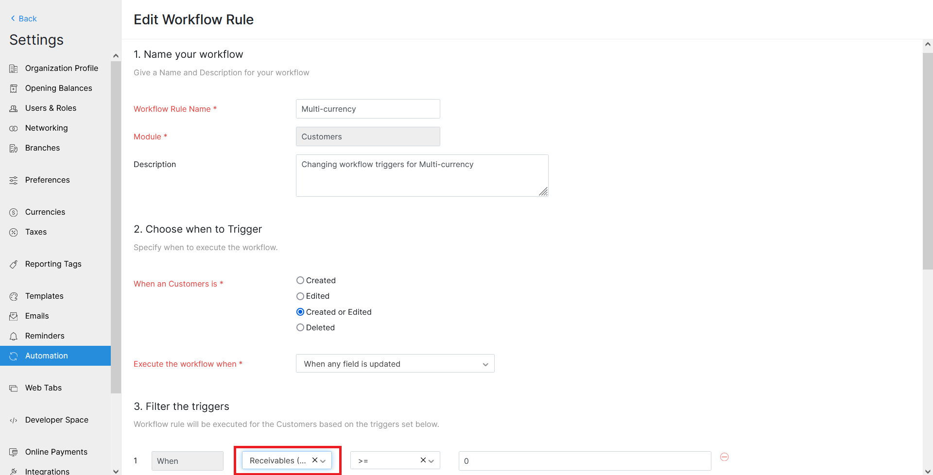 Changing workflow trigger for multi-currency