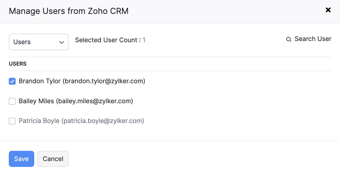 Select the users that you want to remove from the Zoho Integration (Zoho CRM) role
