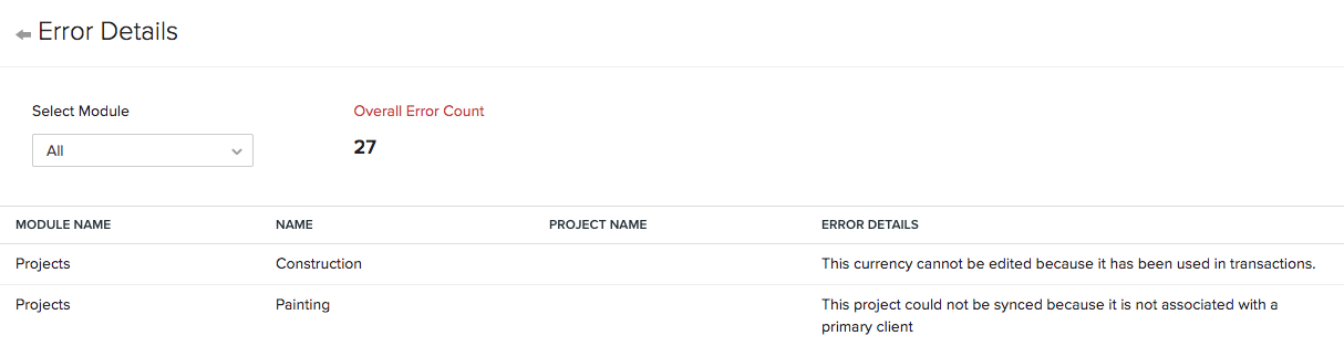 Zoho Projects Error Details