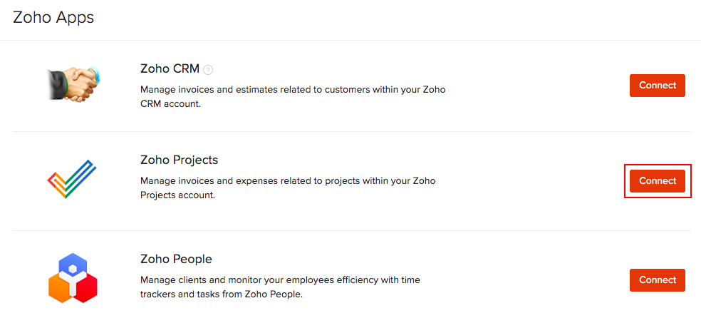 Zoho Projects Integration List Page