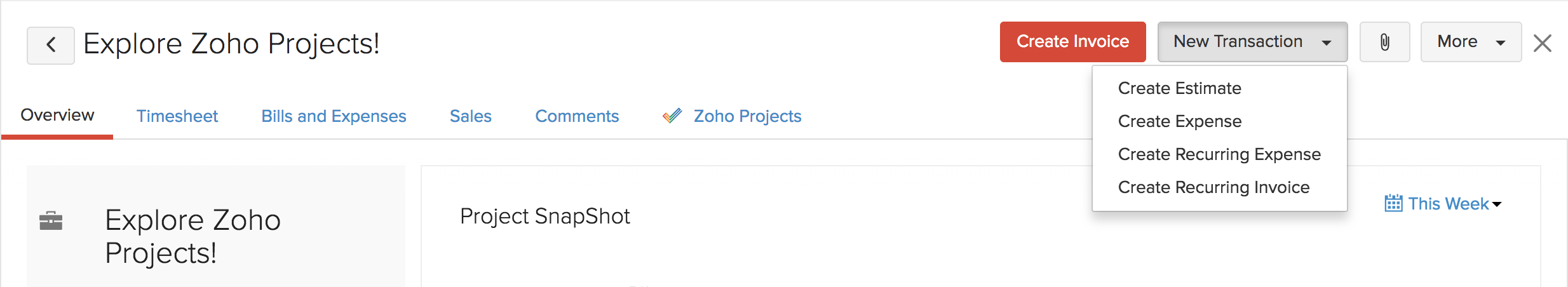 Zoho Projects Create Transactions