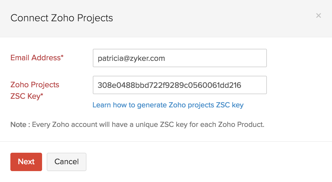 Zoho Projects Enter ZSC Key