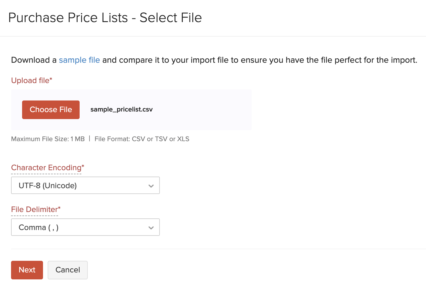 Select File Purchase Price List