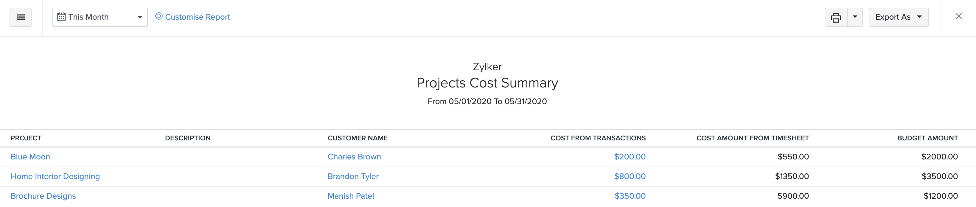 Project Cost Summary Report