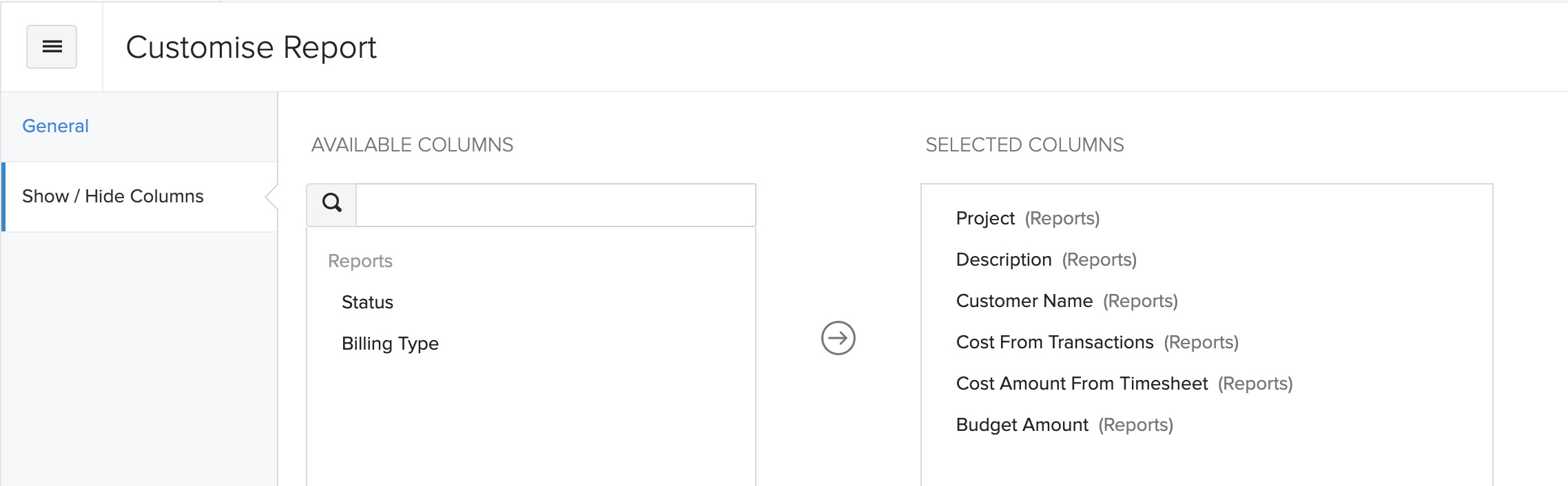 Show or Hide Columns Project Cost Summary