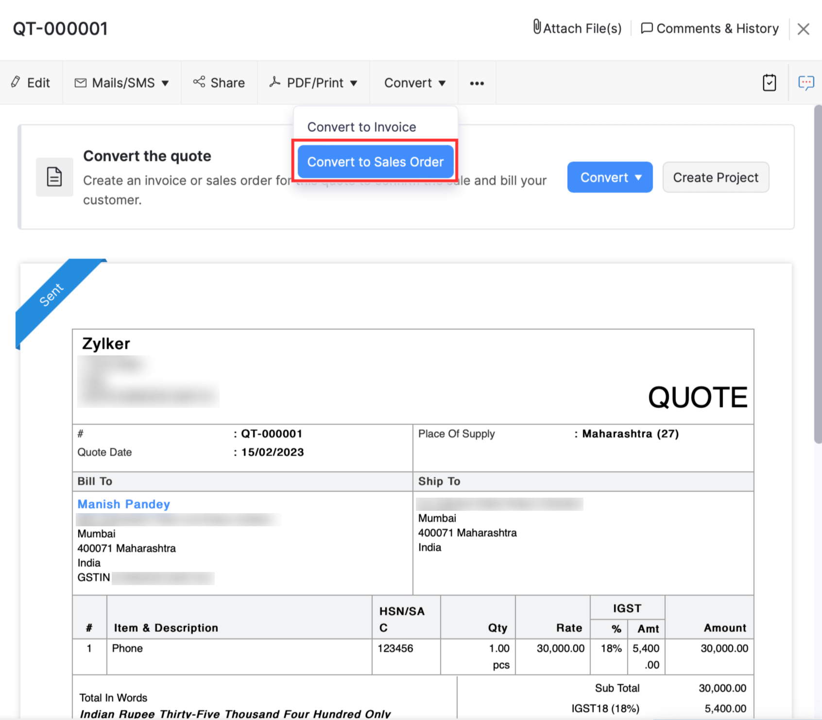 Convert quote to sales order