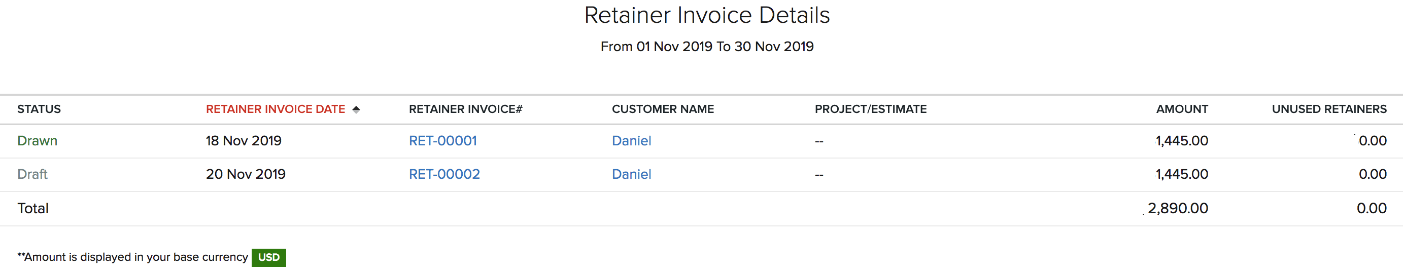 Retainer Invoice Details