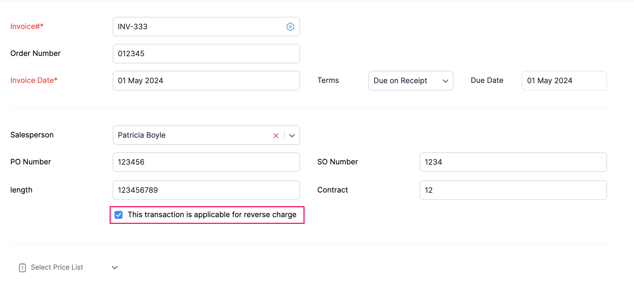 Applying Reverse Charge for a transaction