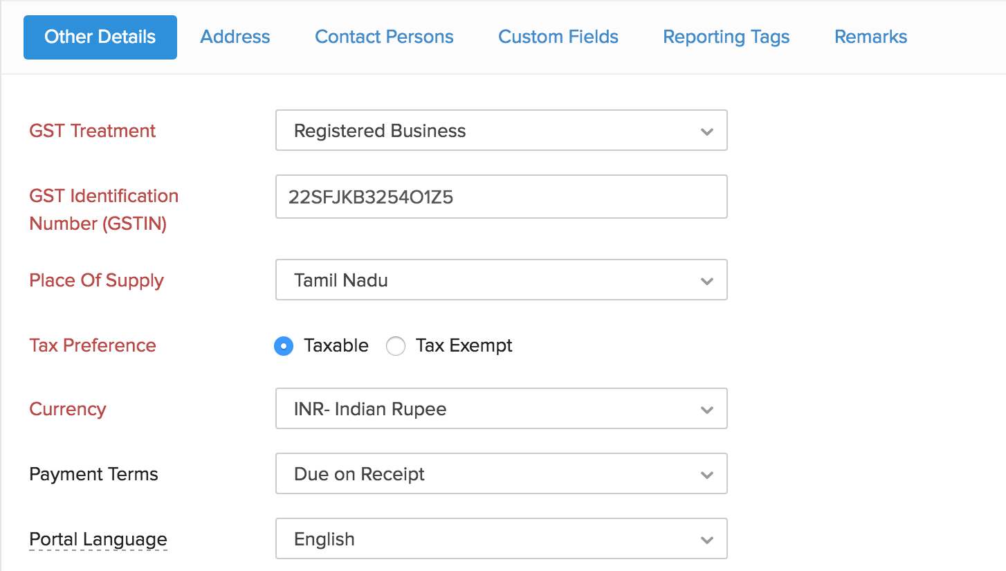 GST information in Contacts