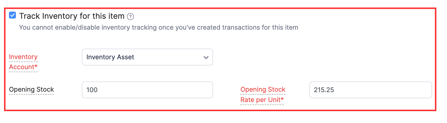 Enter the 'Opening Stock' and 'Opening Stock Rate per Unit'