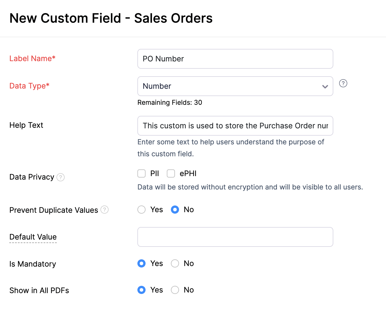 PO Number custom field