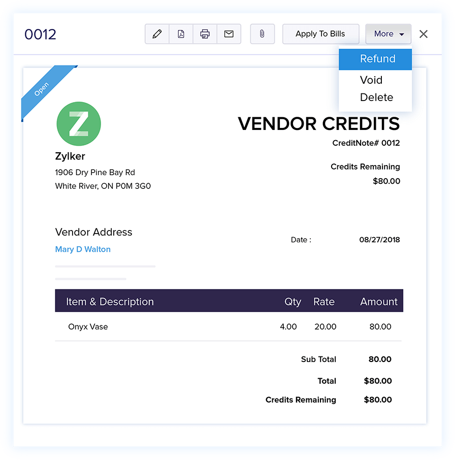 Vendor Credits - Online Billing Management Software | Zoho Books