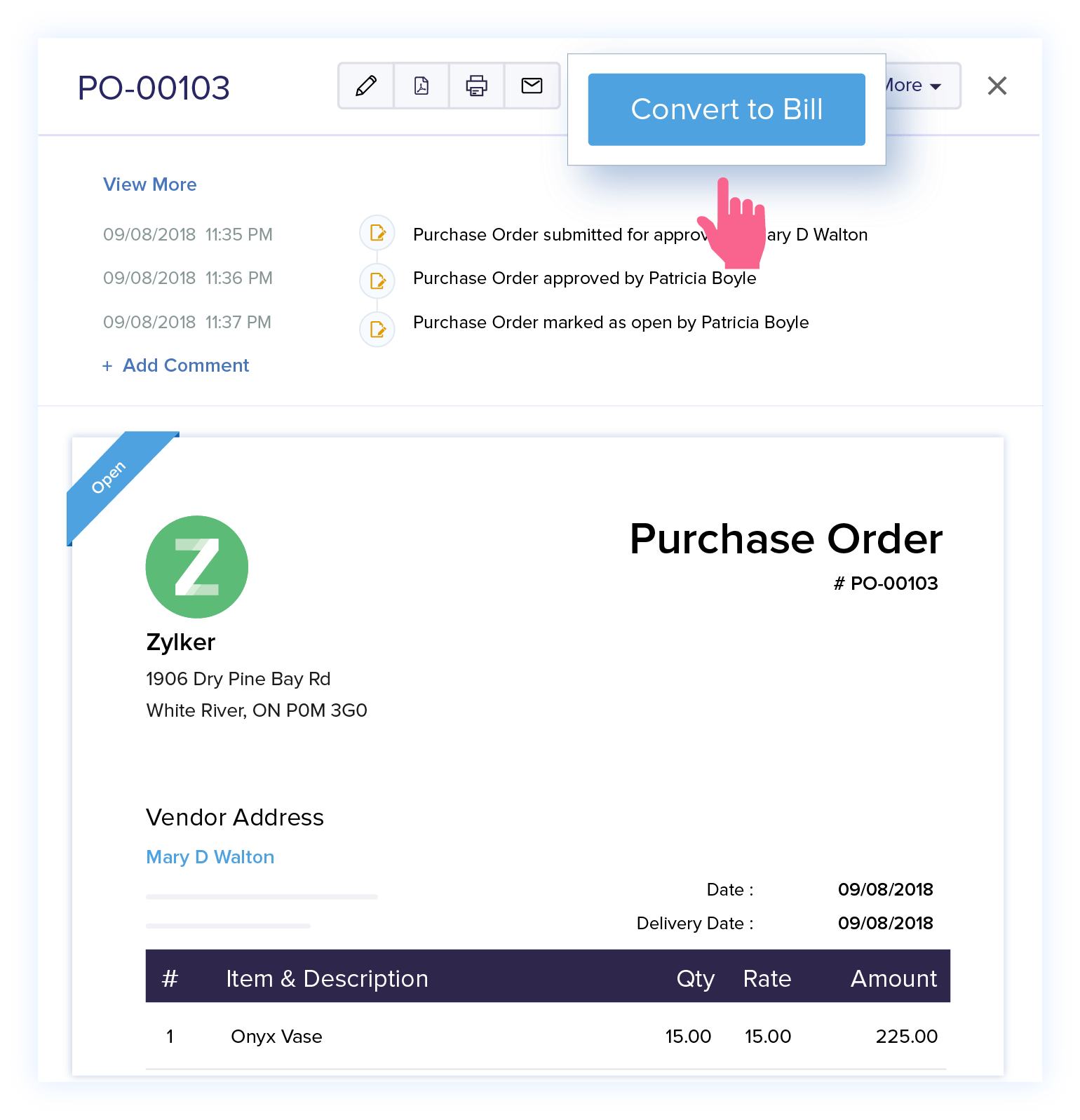 Convert Purchase Orders to Bills - Purchase Order Software | Zoho Books