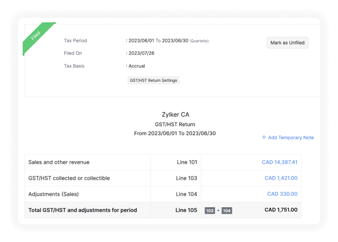 Generate your federal and provincial tax returns at the click of a button using Zoho Books