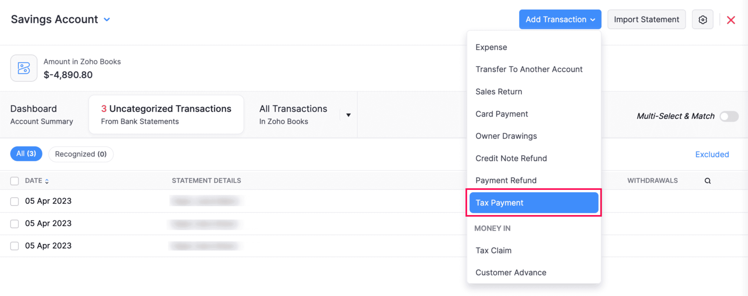 Record tax Payment - Bank