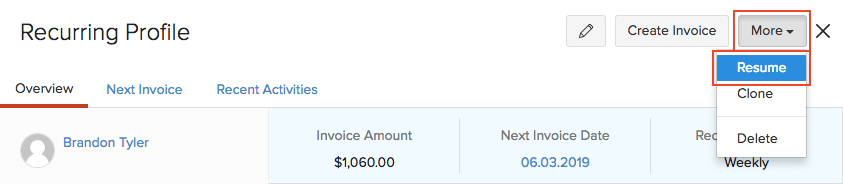 Resume Recurring Invoice