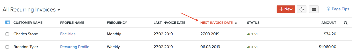 Sort Recurring Invoices