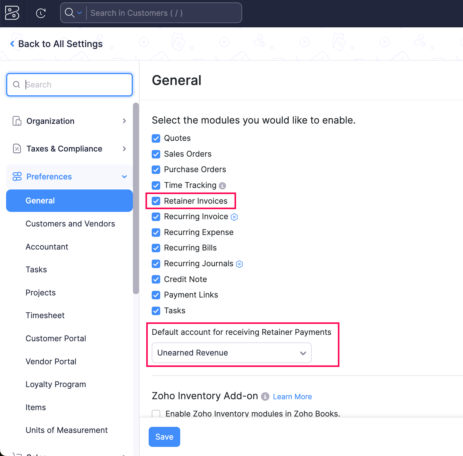 Enable retainer invoice in Zoho Books