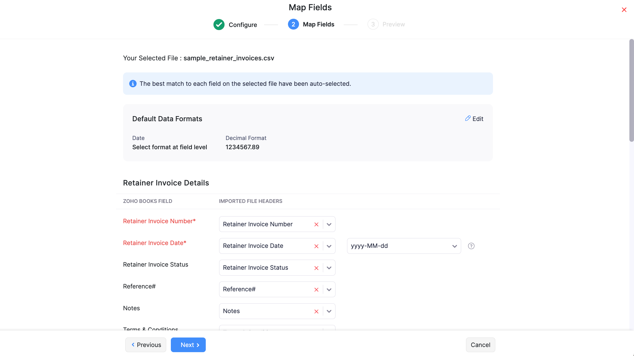 Map Fields page to import retainer invoices in Zoho Books