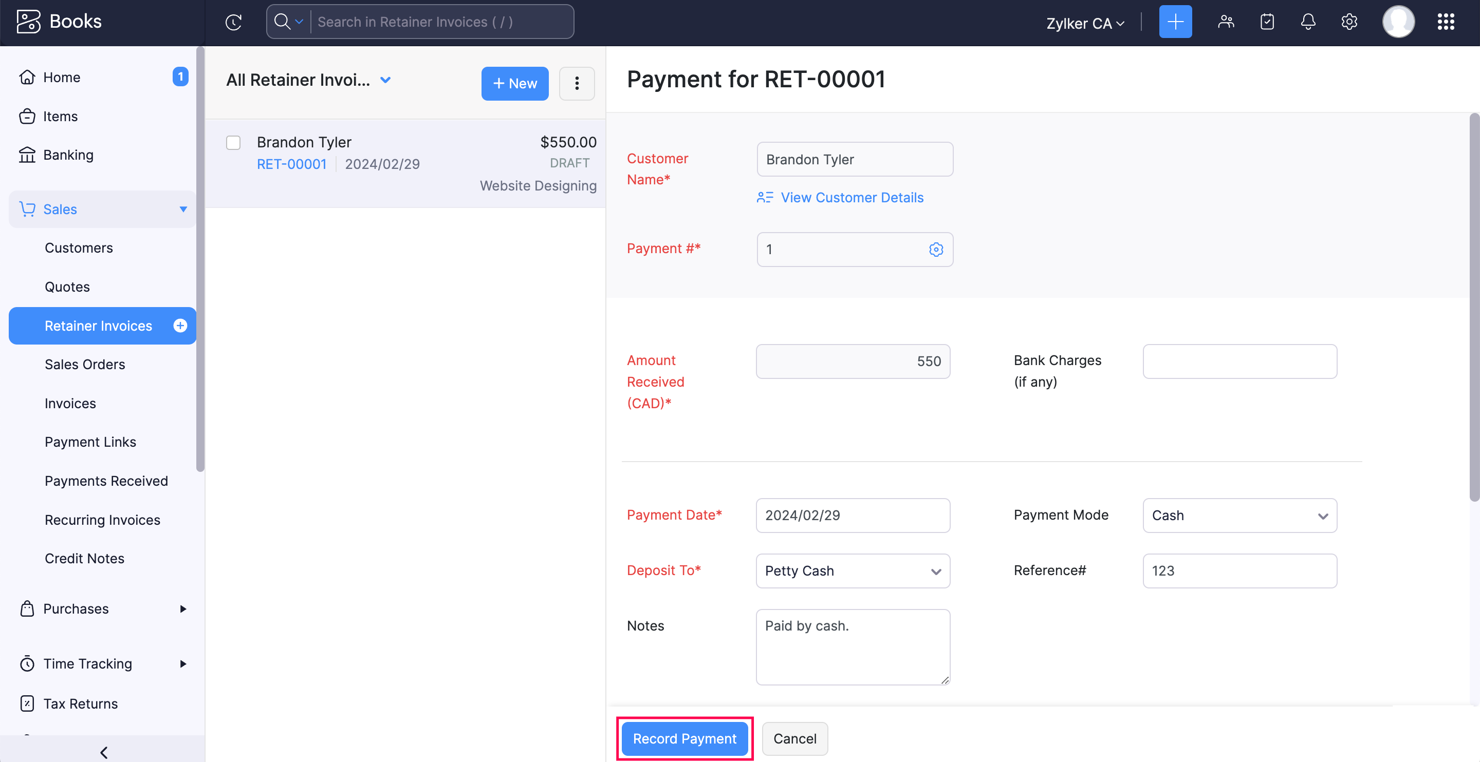 Record payment for retainer invoices in Zoho Books