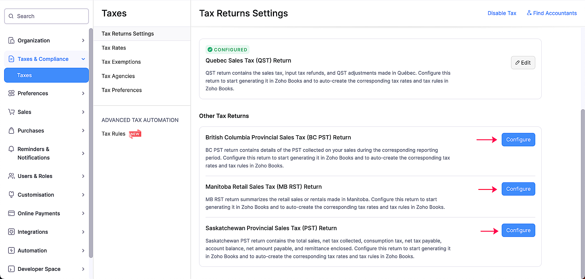 Configure Tax Returns