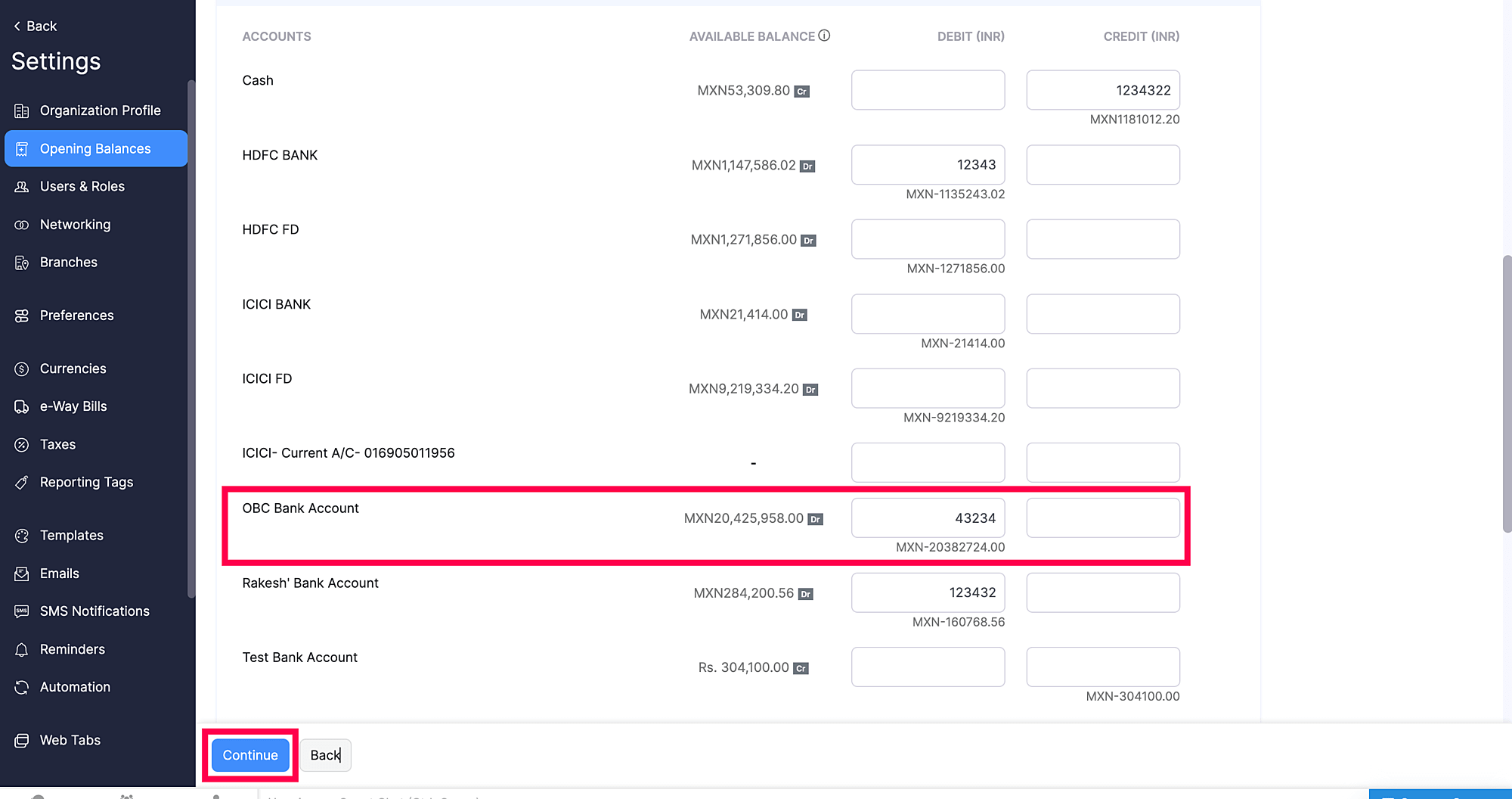 Adjust opening balance