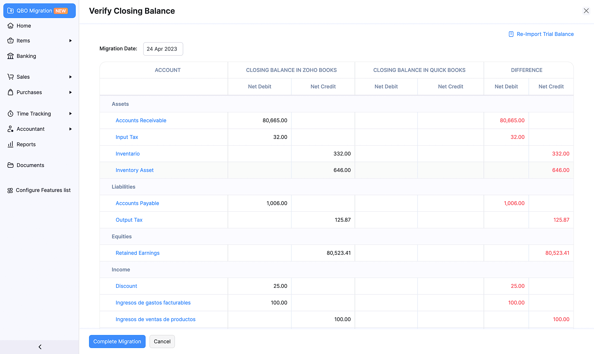 Verify Closing balances page