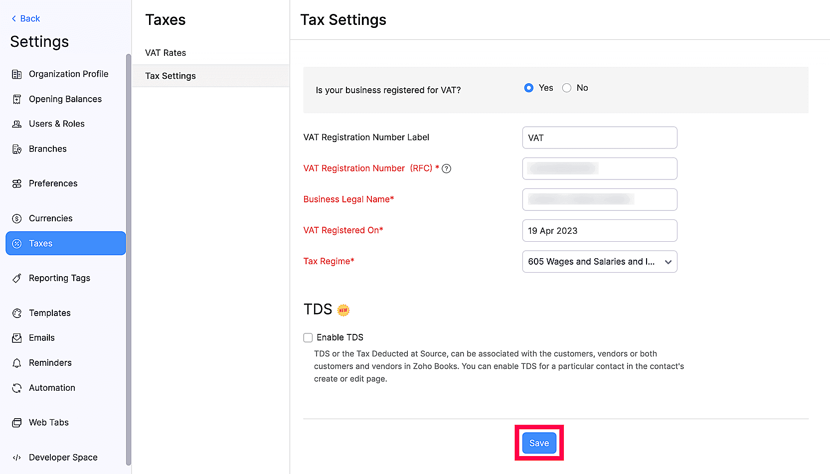 Save Tax Settings