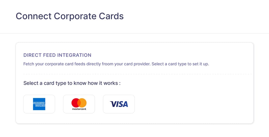 Screen showing the different card providers that support direct feeds