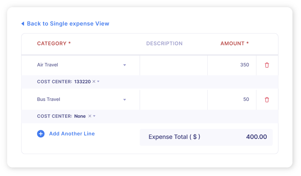 Screenshot of expense itemization