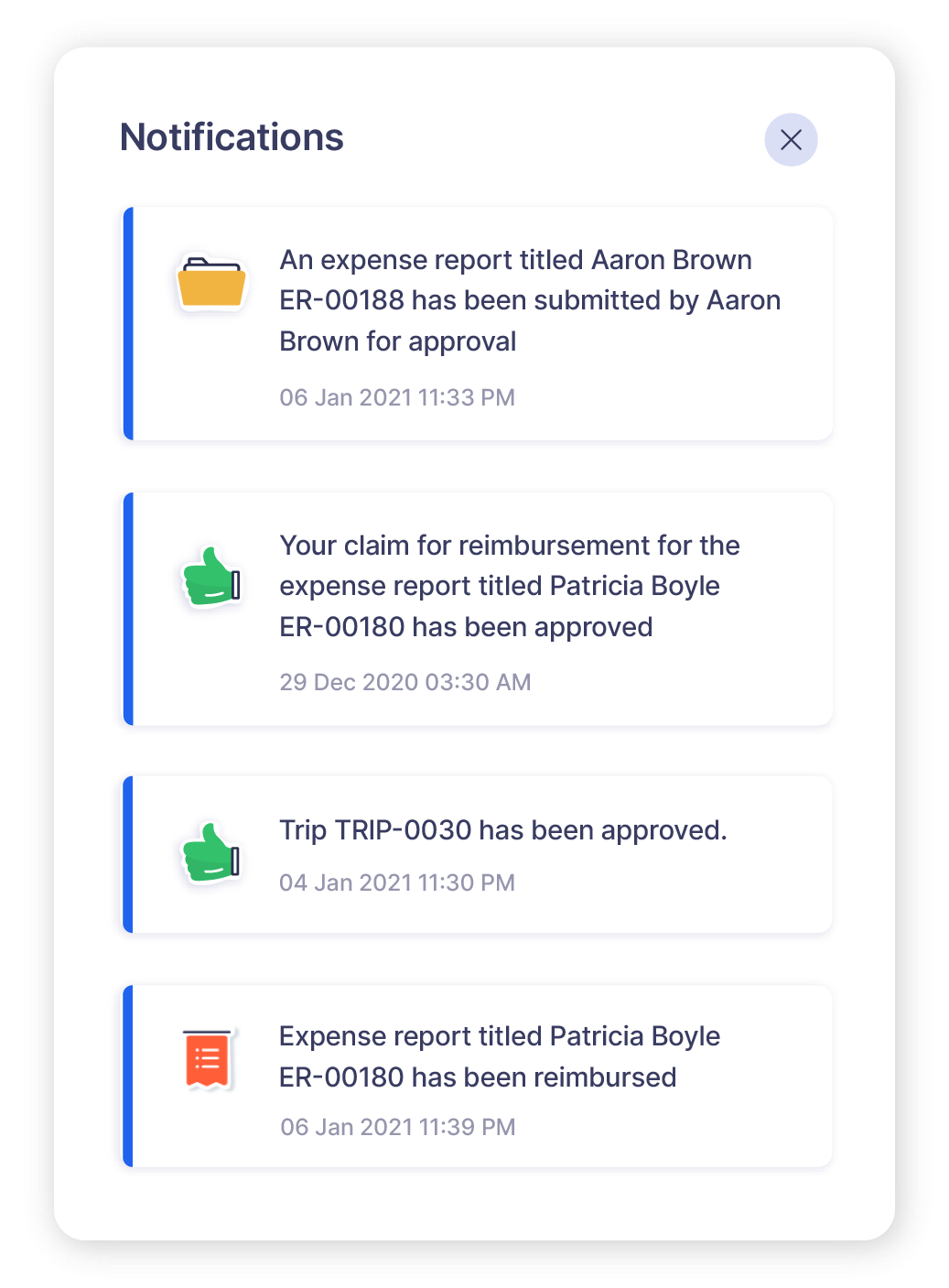 Screen depicting the expense report approval notifications