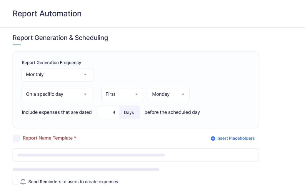 Zoho Expense screen with the report automation setup page