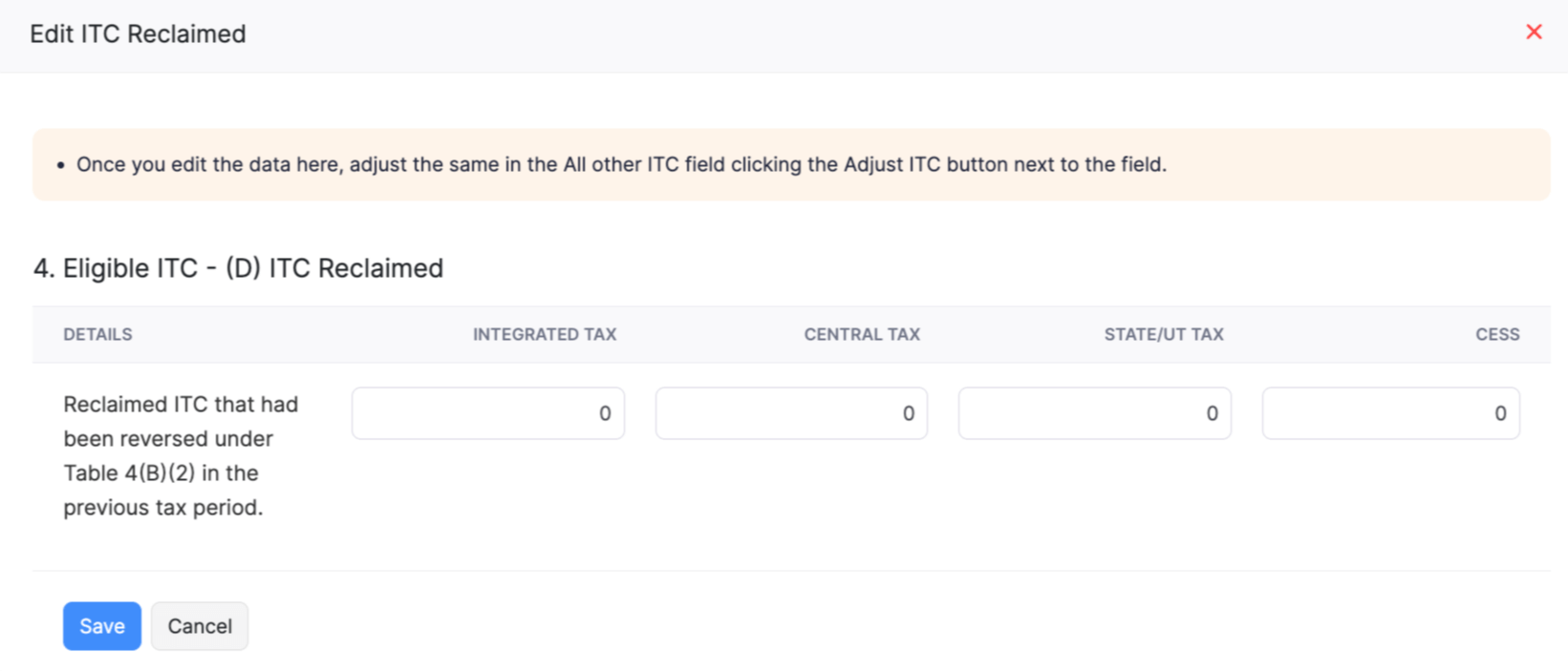 Edit ITC Reversed table