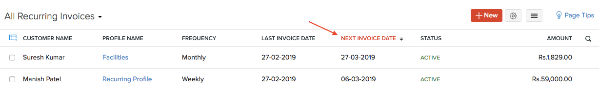 Sort Recurring Invoices