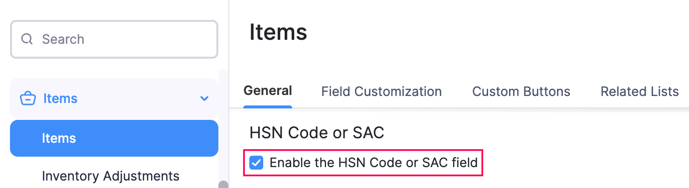 Check the Enable HSN Code or SAC field option