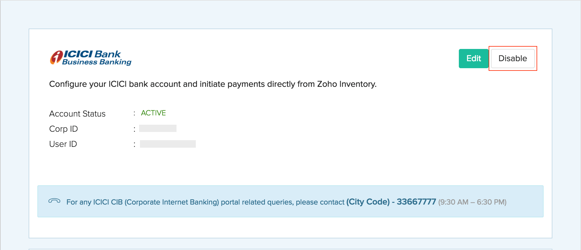 ICICI Bank disable integration