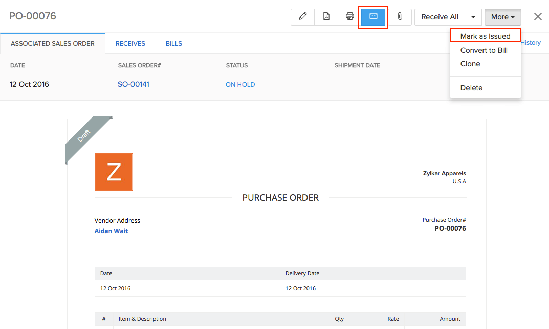 purchase order page, highlight send and mark as issued option