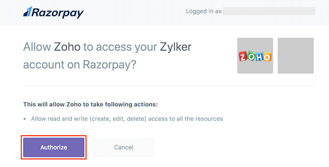 Authorize Zoho Inventory integration with Razorpay