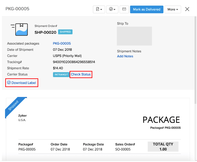 USPS Shipment Page in Zoho Inventory