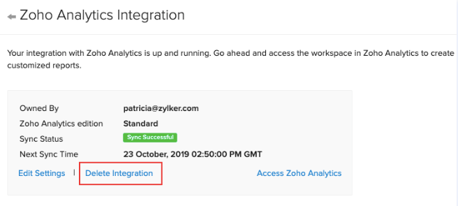 Delete Zoho Analytics integration