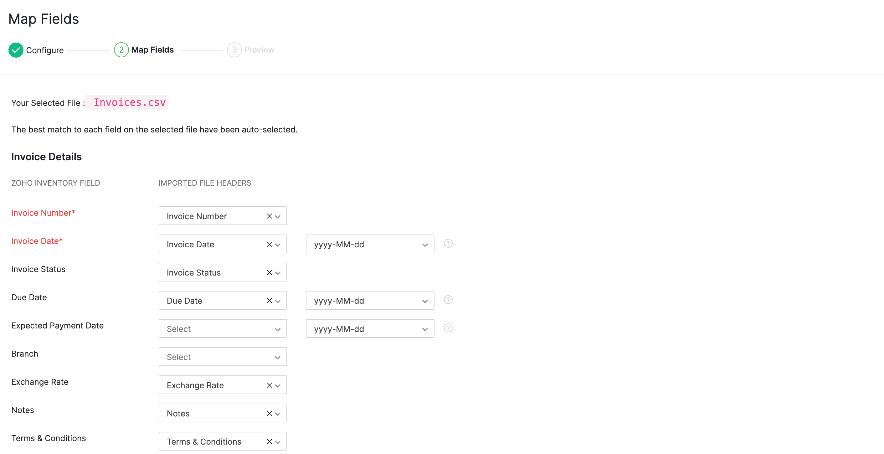 Invoice Import - Mapping fields