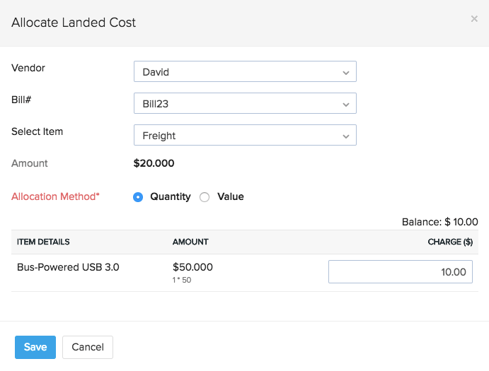 Allocating landed cost to another bill