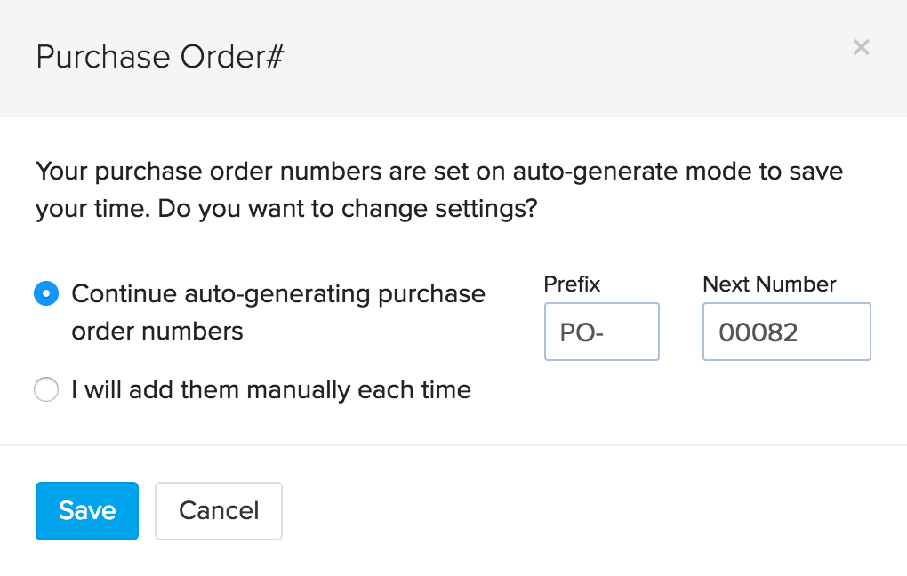 Purchase order number settings pop up