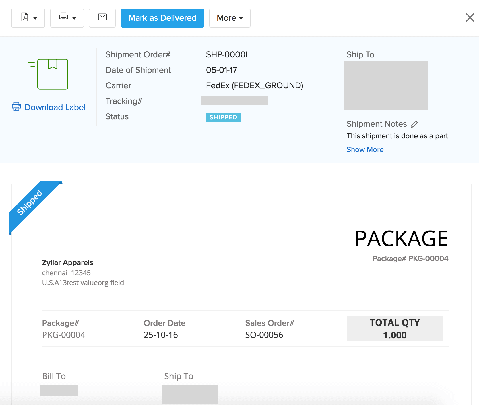 Package shipped via carrier