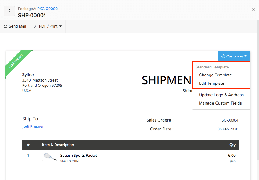 Customize Shipment Template