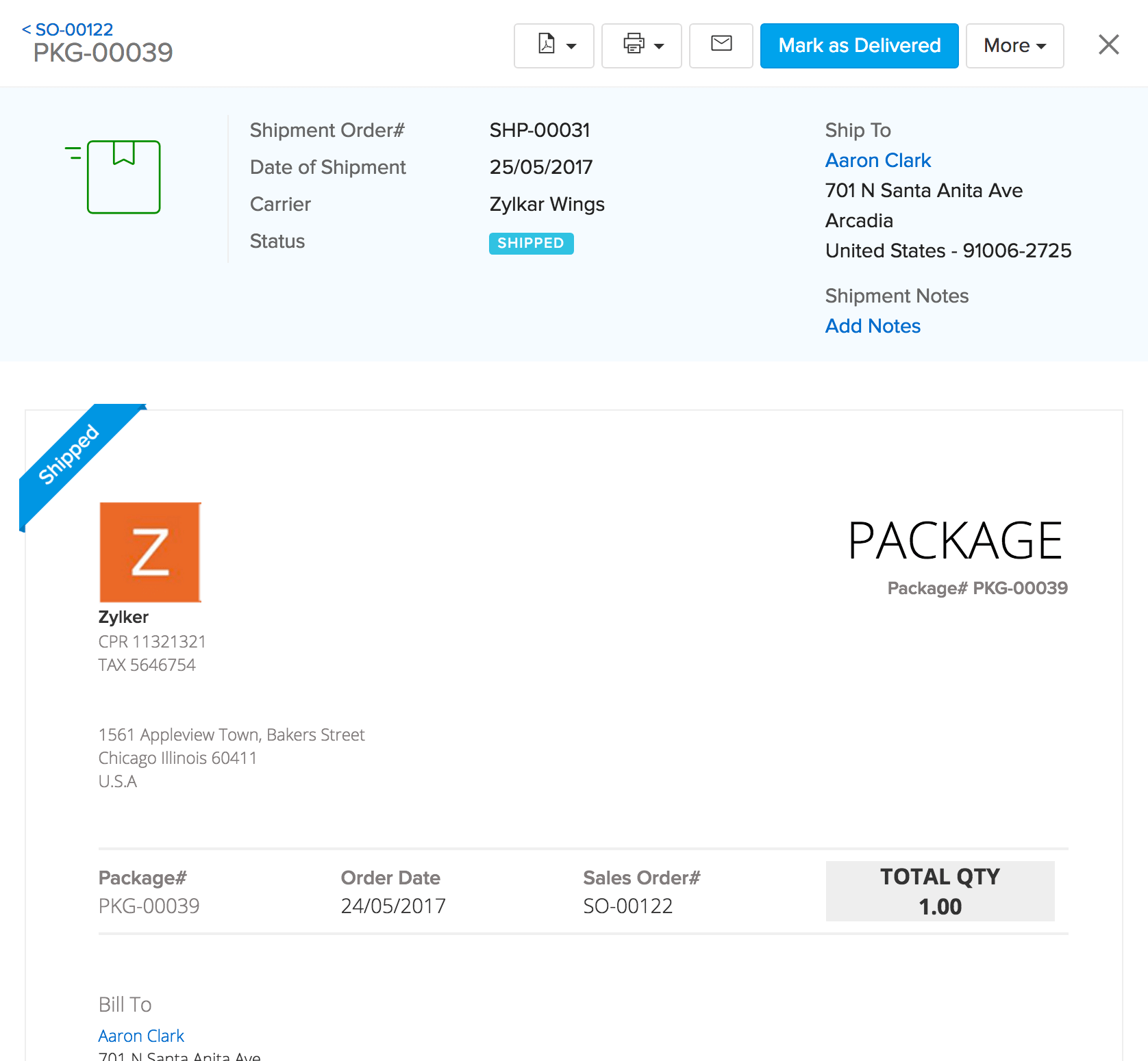 Image of the Package slip with shipped status