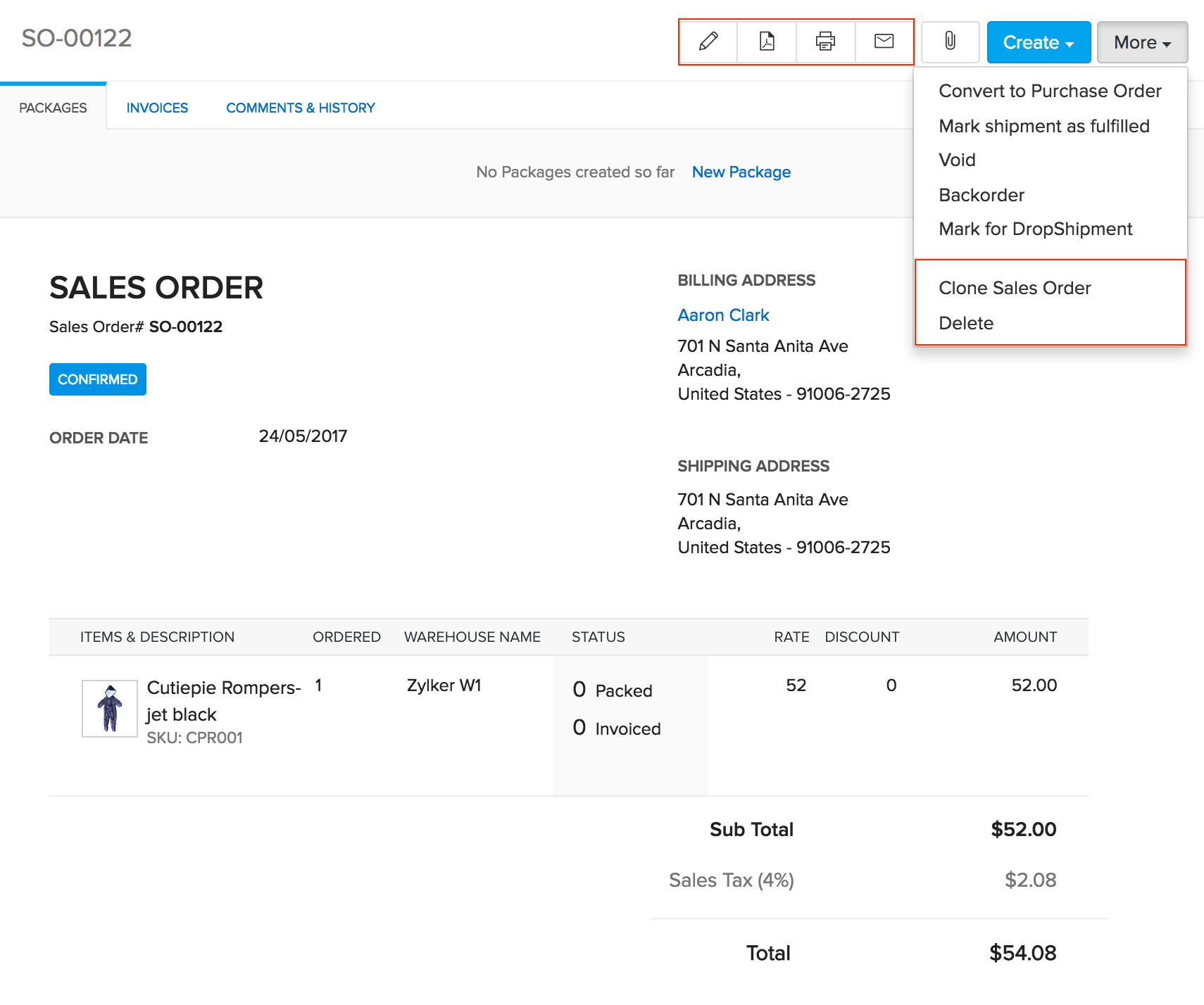 print option in a sales order